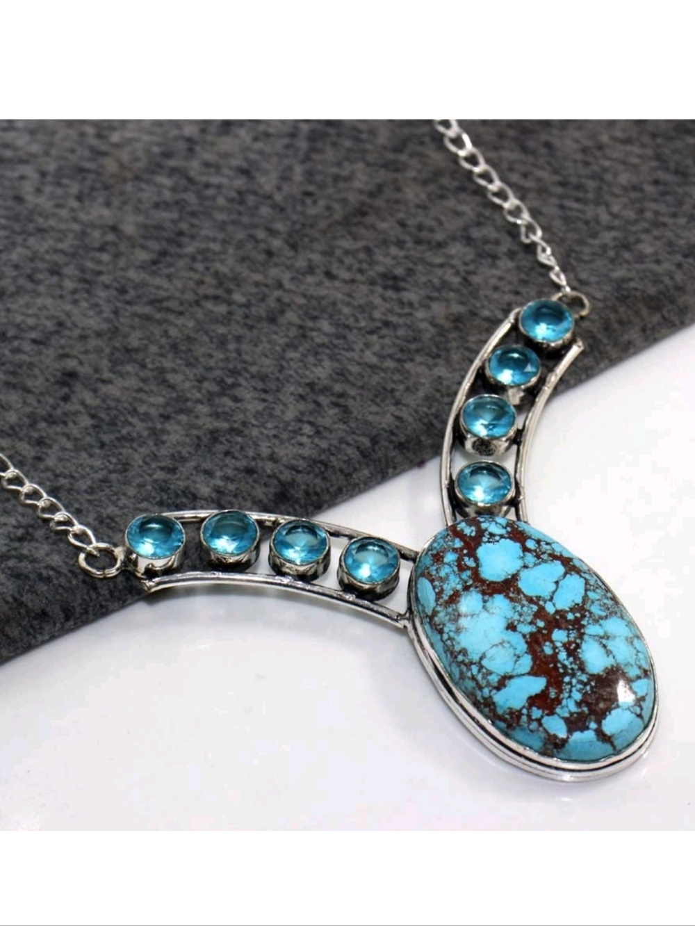 New Lander Turquoise, Blue Topaz Gemstone 925 Sterling Silver Handmade Necklace
